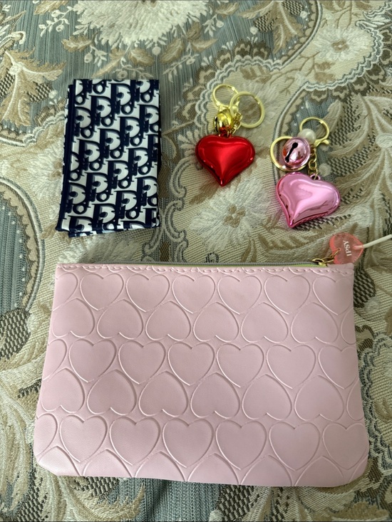 ipsy Accessories - Pink Heart Cosmetic Bag Keychain Charm Accessory Gift Bundle 4 Pc